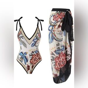 New Floral Bird One-Piece Swimsuit with Tie Straps & Skirt Coverup Set~ Size XL